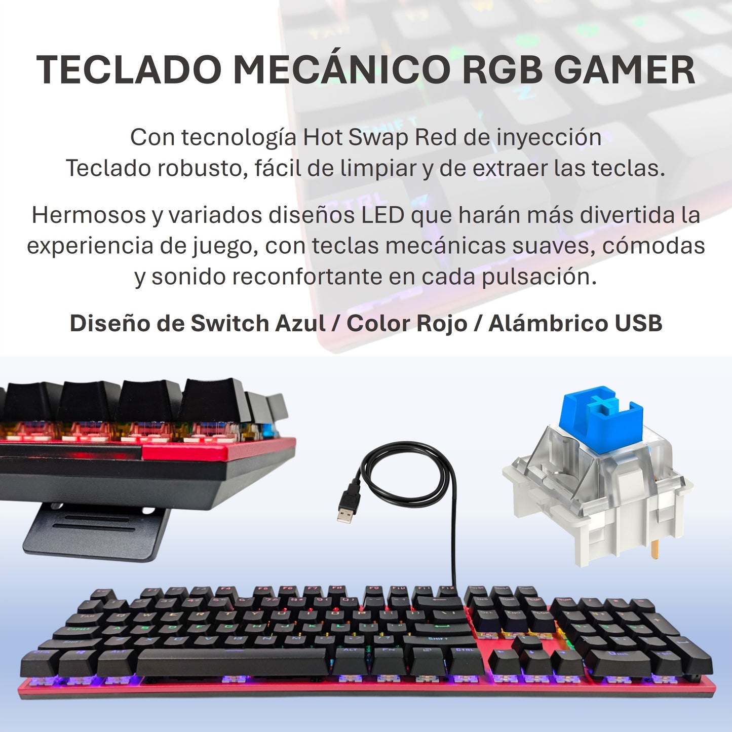 Teclado Mecánico Gamer Hot Swap Red USB Led RGB Switch Azul