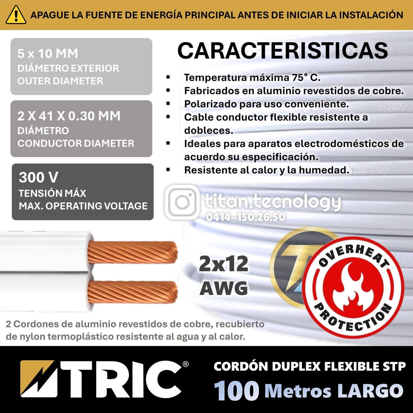 Cable Eléctrico Doble spt Calibre 2x12 Awg Blanco Aleación Tric