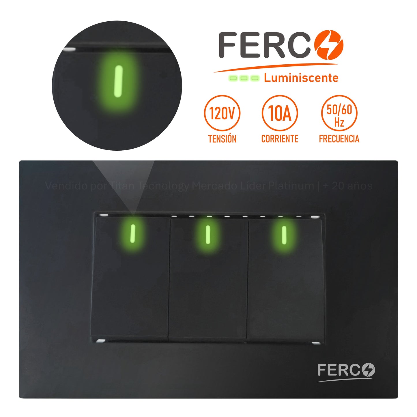 Interruptor / Apagador Ferco Triple Negro Luminiscente 120v