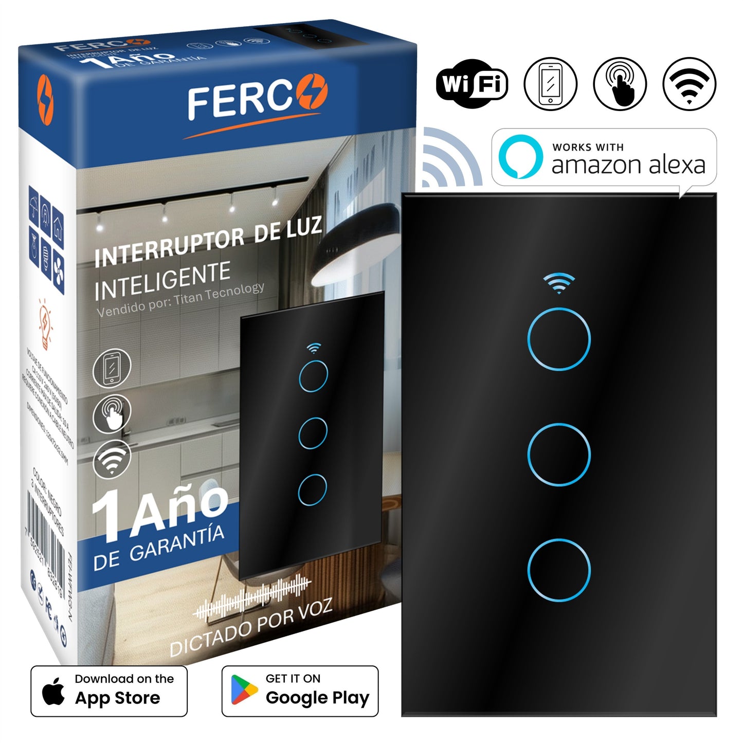 Interruptor Wi-fi Inteligente FERCO Táctil / Voz compatible con Alexa & Google