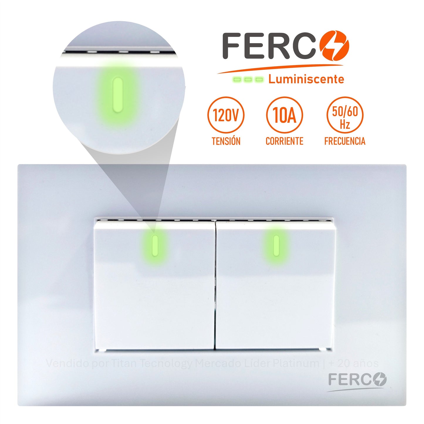 Interruptor / Apagador Ferco Doble Blanco Luminiscente 120v
