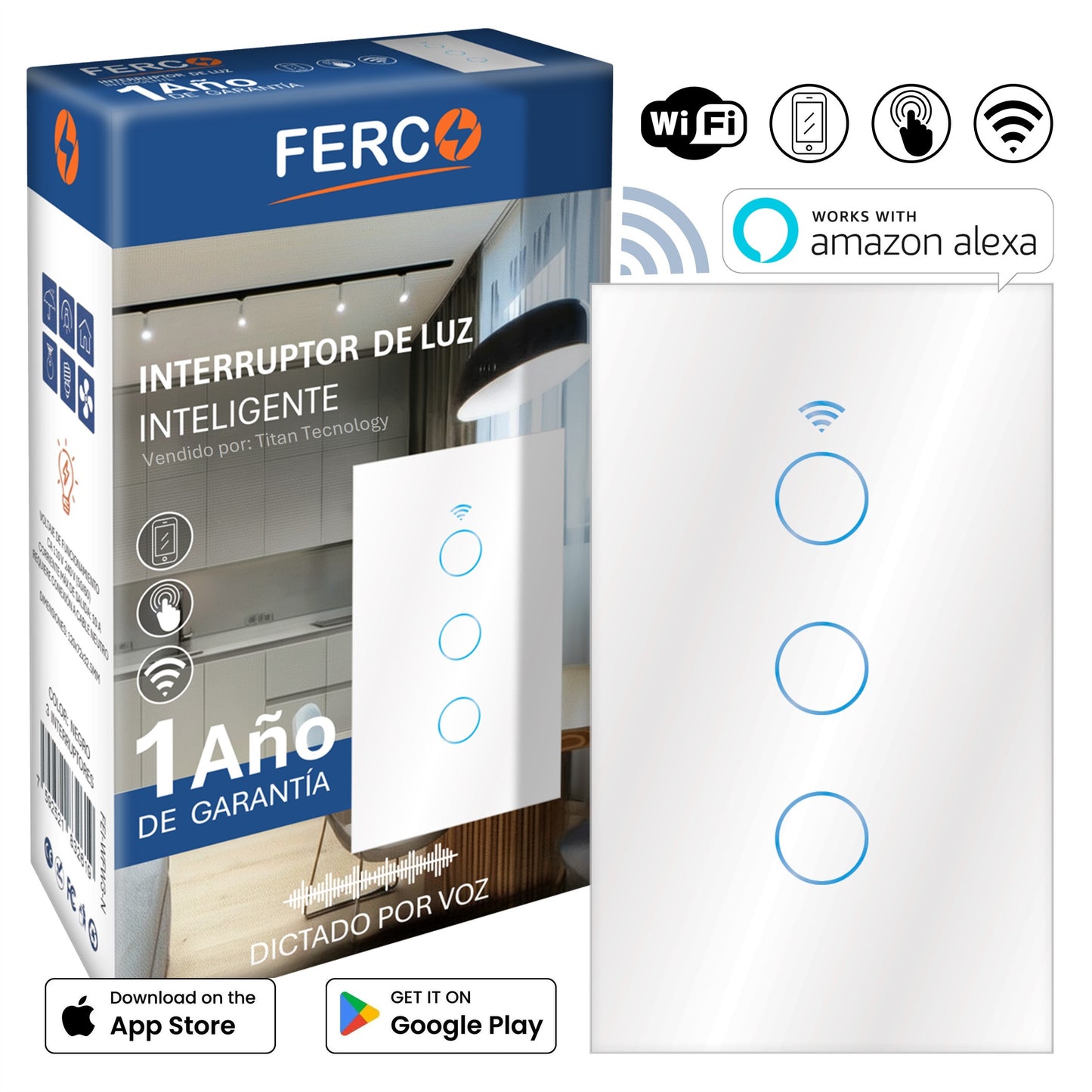 Interruptor Wi-fi Inteligente FERCO Táctil / Voz compatible con Alexa & Google