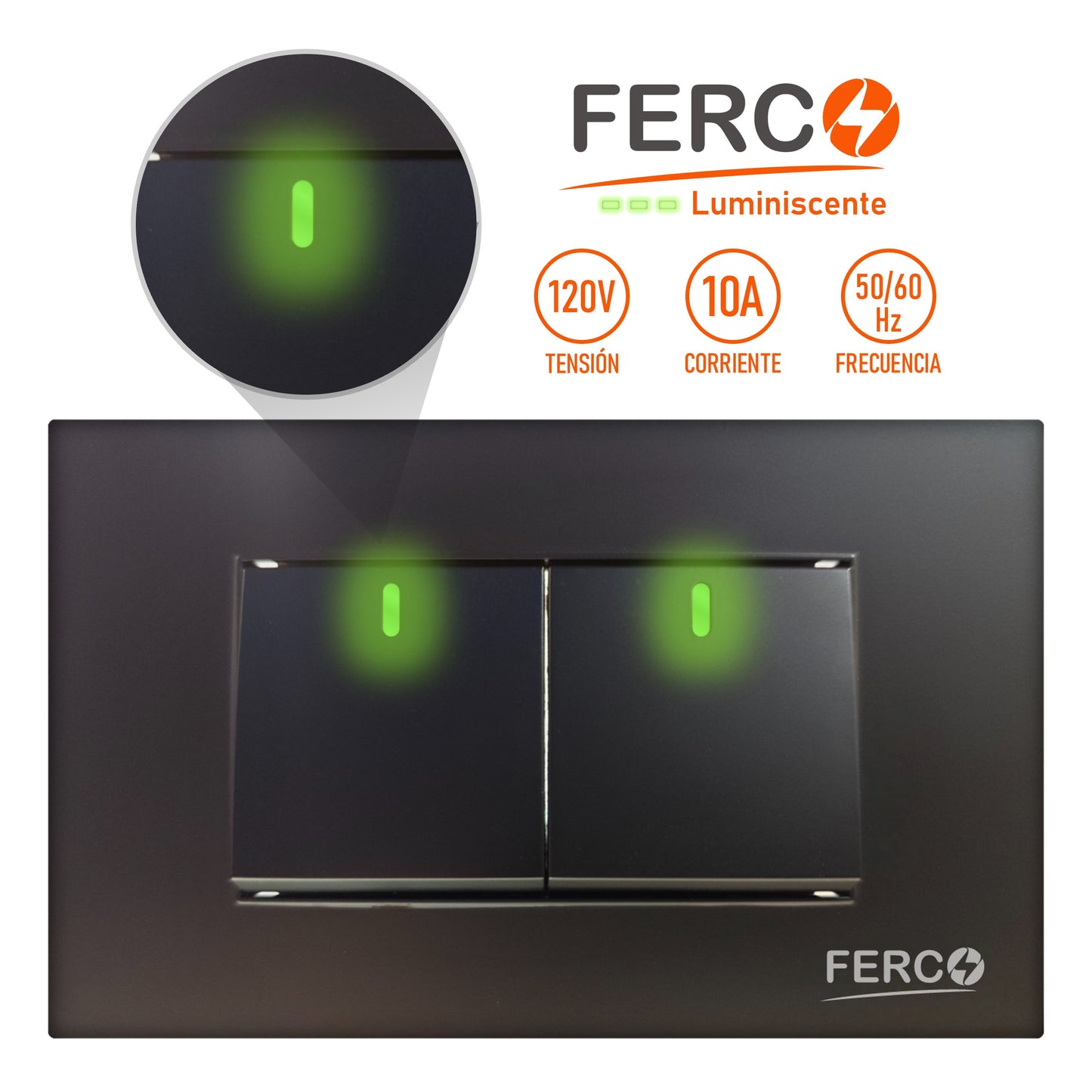 Interruptor / Apagador Doble Ferco Negro Luminiscente 120v