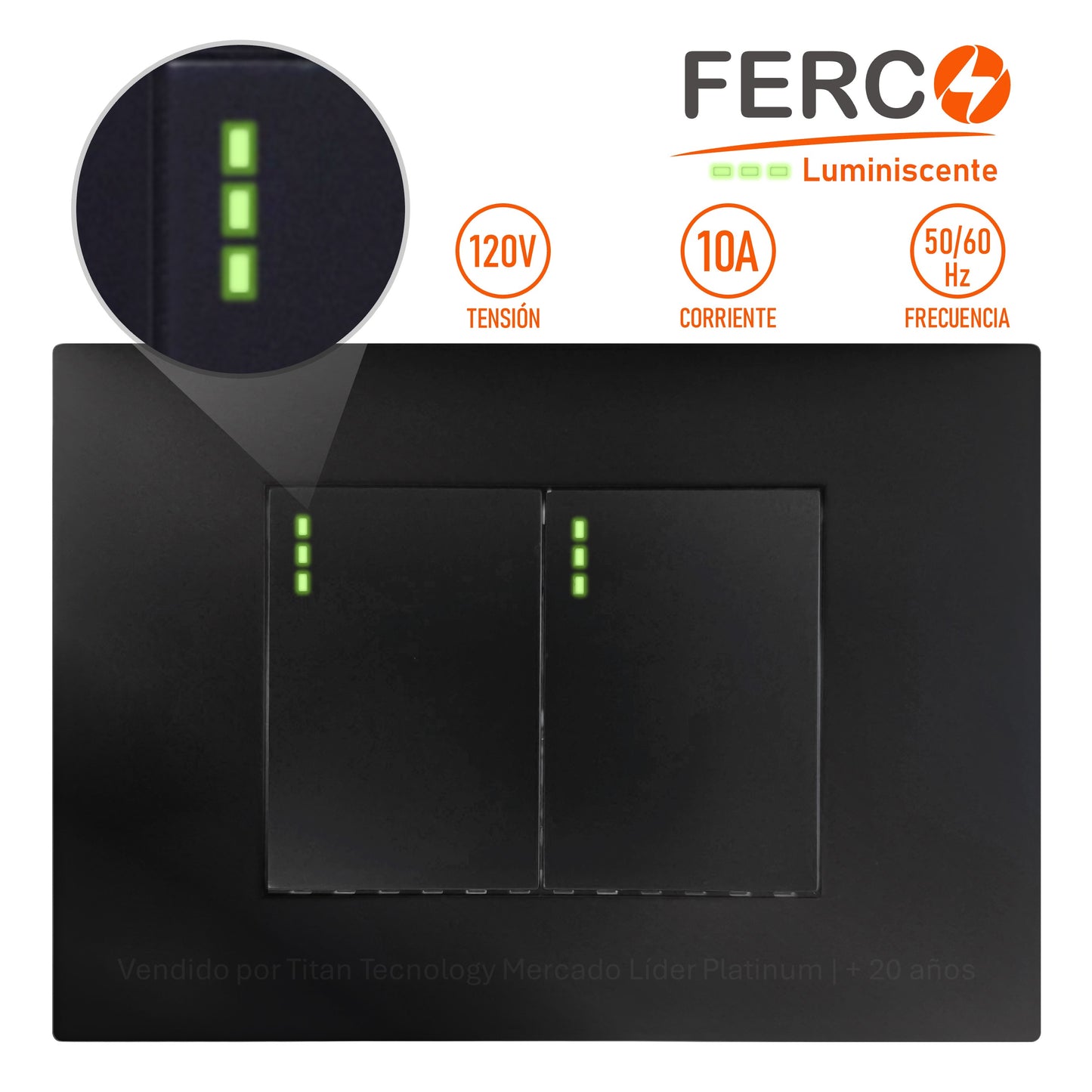 Interruptor / Apagador Ferco Doble Negro Luminiscente 120v
