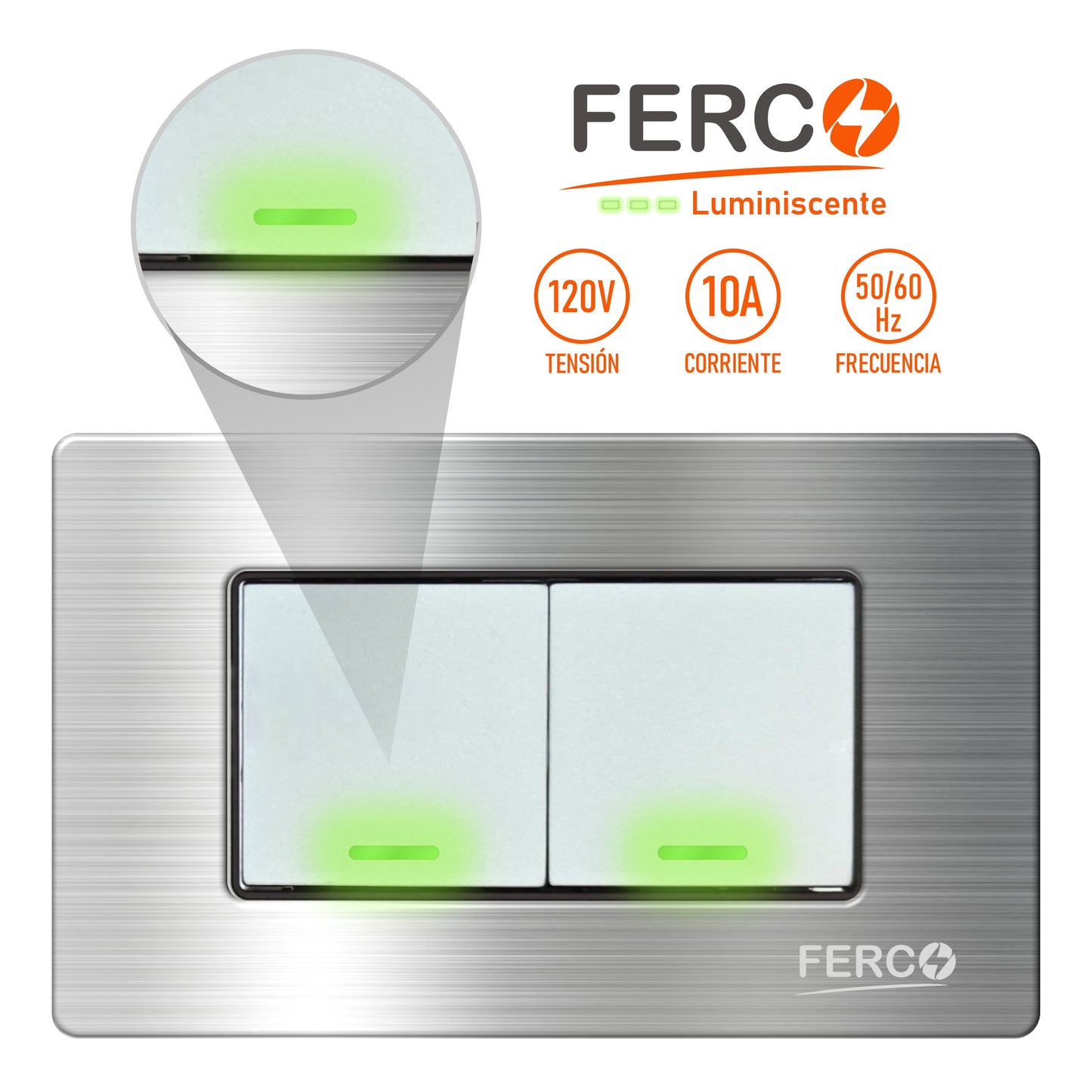Interruptor / Apagador Doble Ferco Metálico Luminiscente