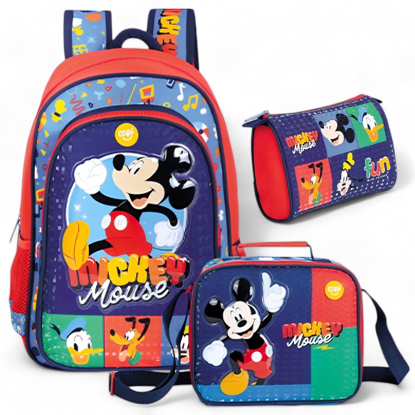 Combo Morral + Cartuchera + Lonchera Mickey Mouse Disney Junior Capi