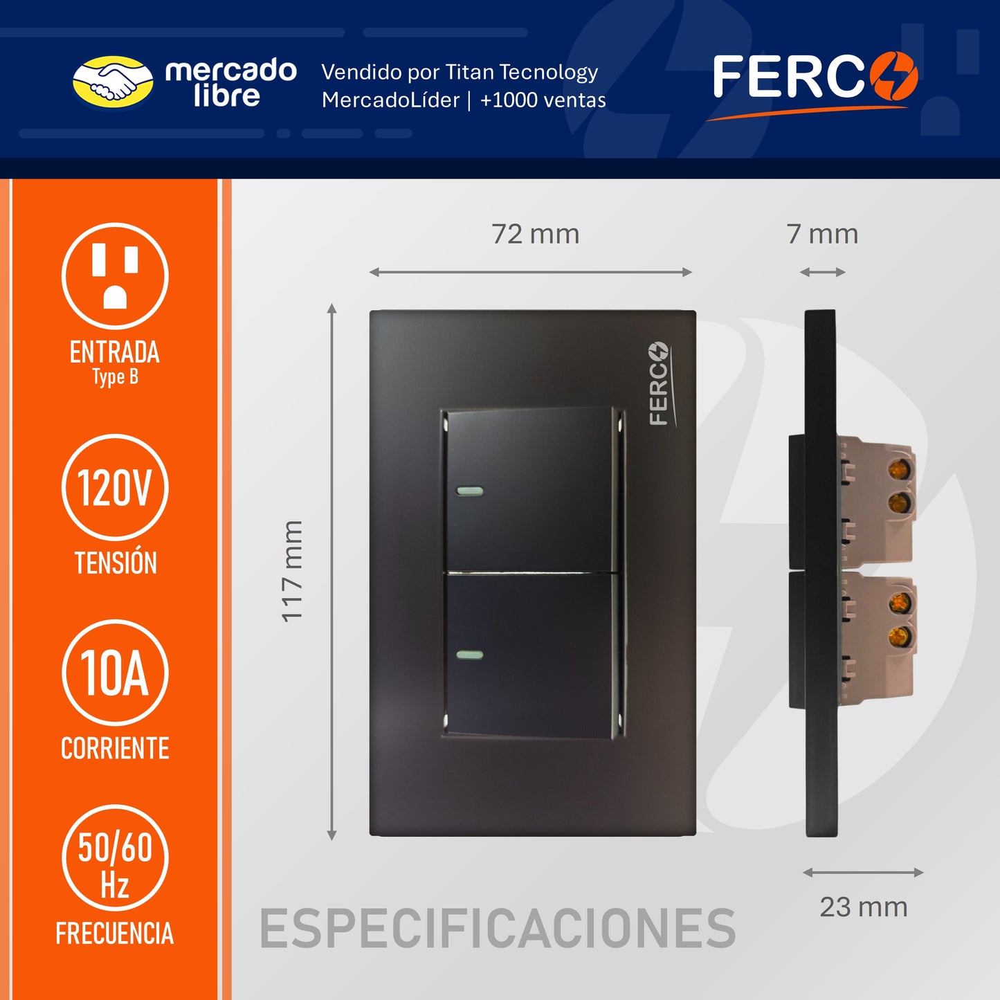 Interruptor / Apagador Doble Ferco Negro Luminiscente 120v