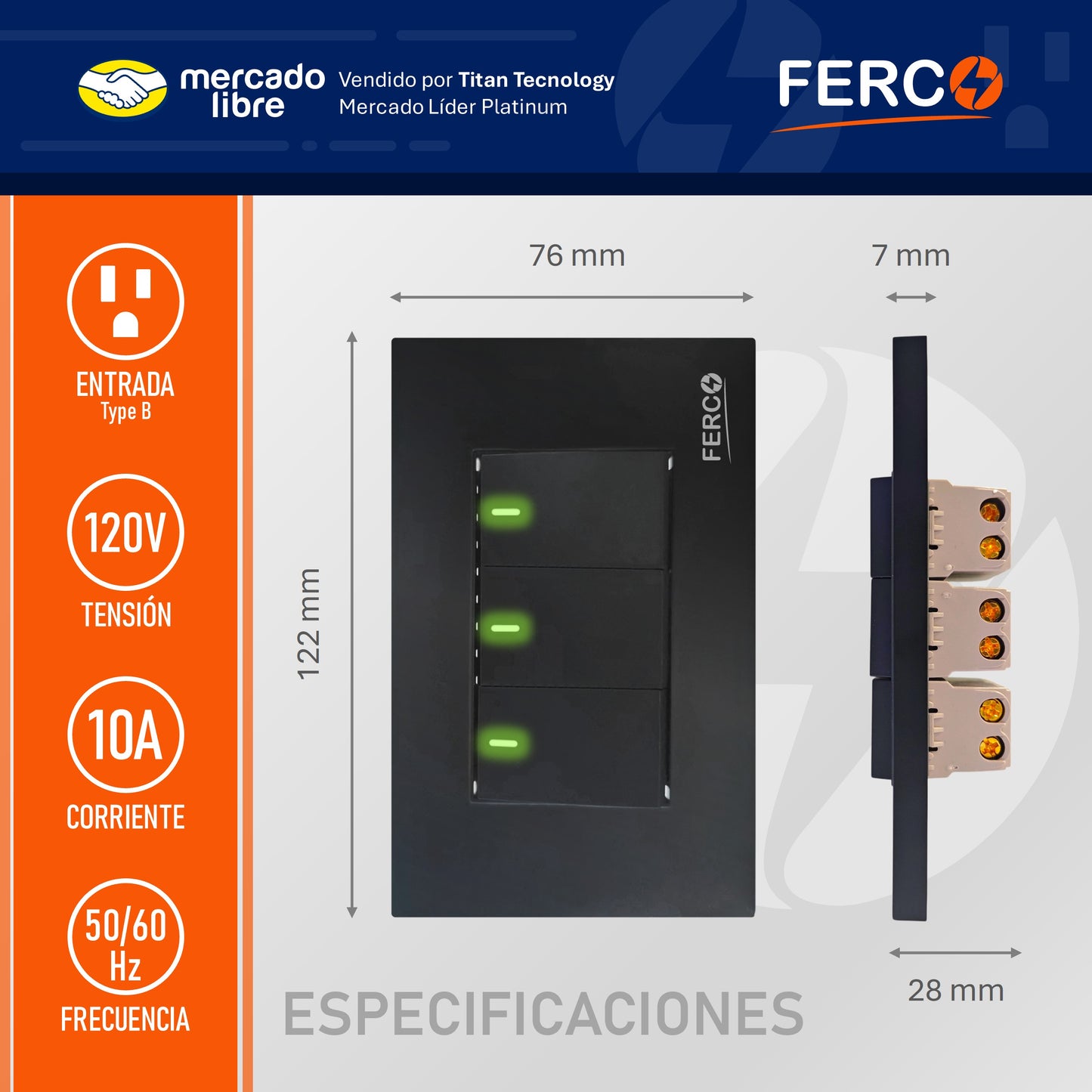 Interruptor / Apagador Ferco Triple Negro Luminiscente 120v