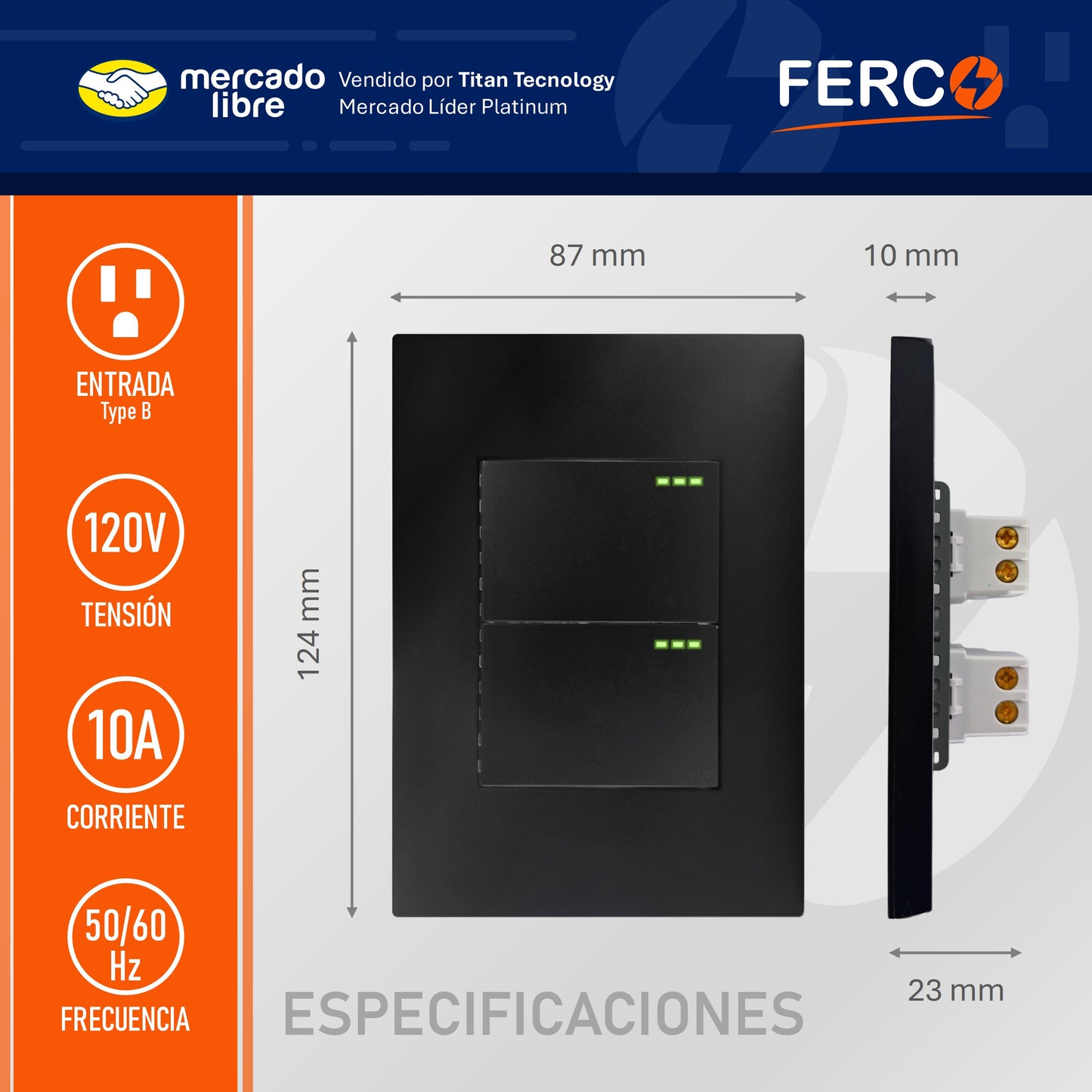 Interruptor / Apagador Ferco Doble Negro Luminiscente 120v
