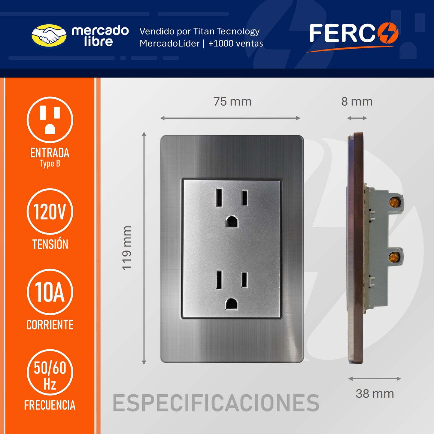Toma Corriente Doble Ferco Polarizado Metálico 120v / 15a