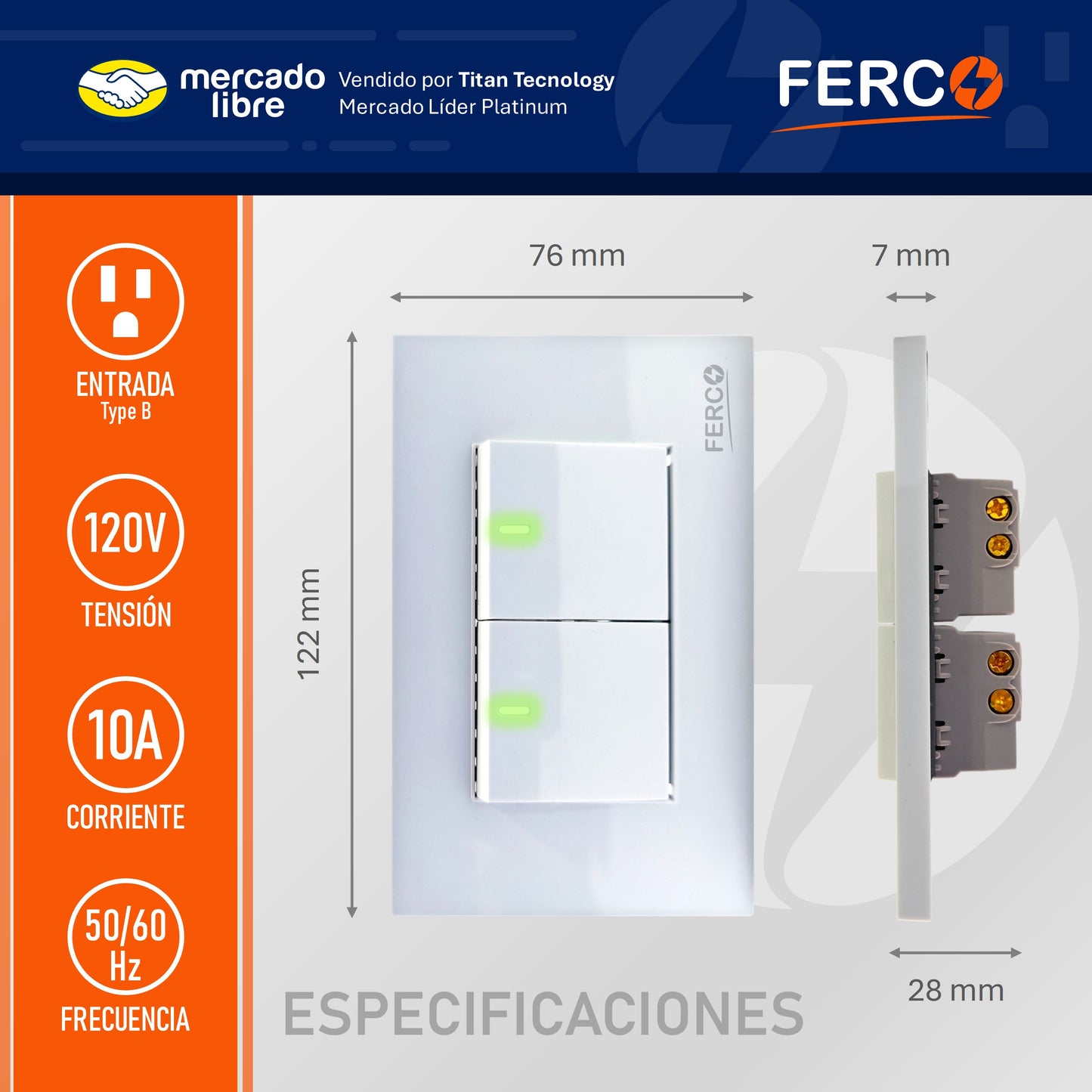 Interruptor / Apagador Ferco Doble Blanco Luminiscente 120v