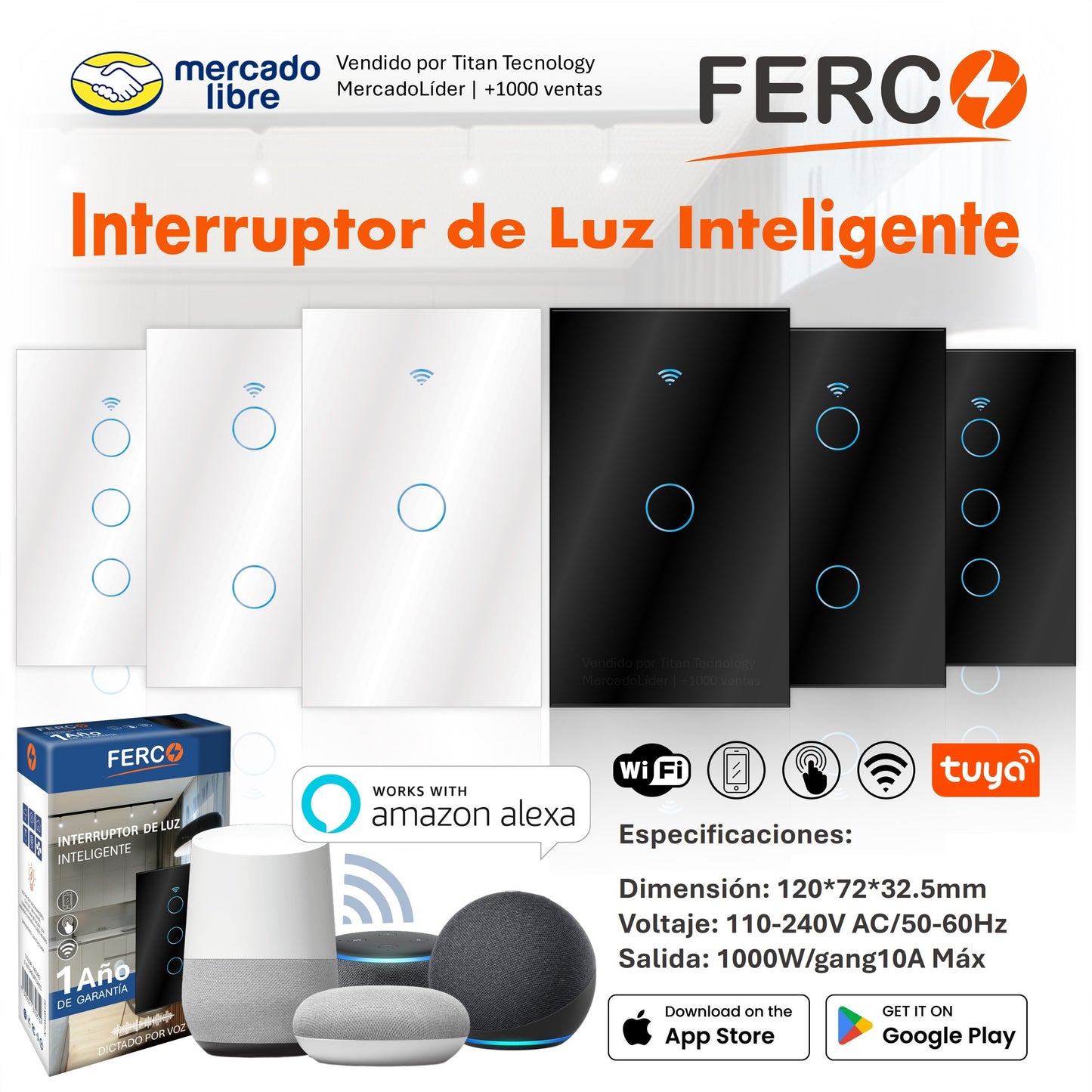 Interruptor Wi-fi Inteligente FERCO Táctil / Voz compatible con Alexa & Google