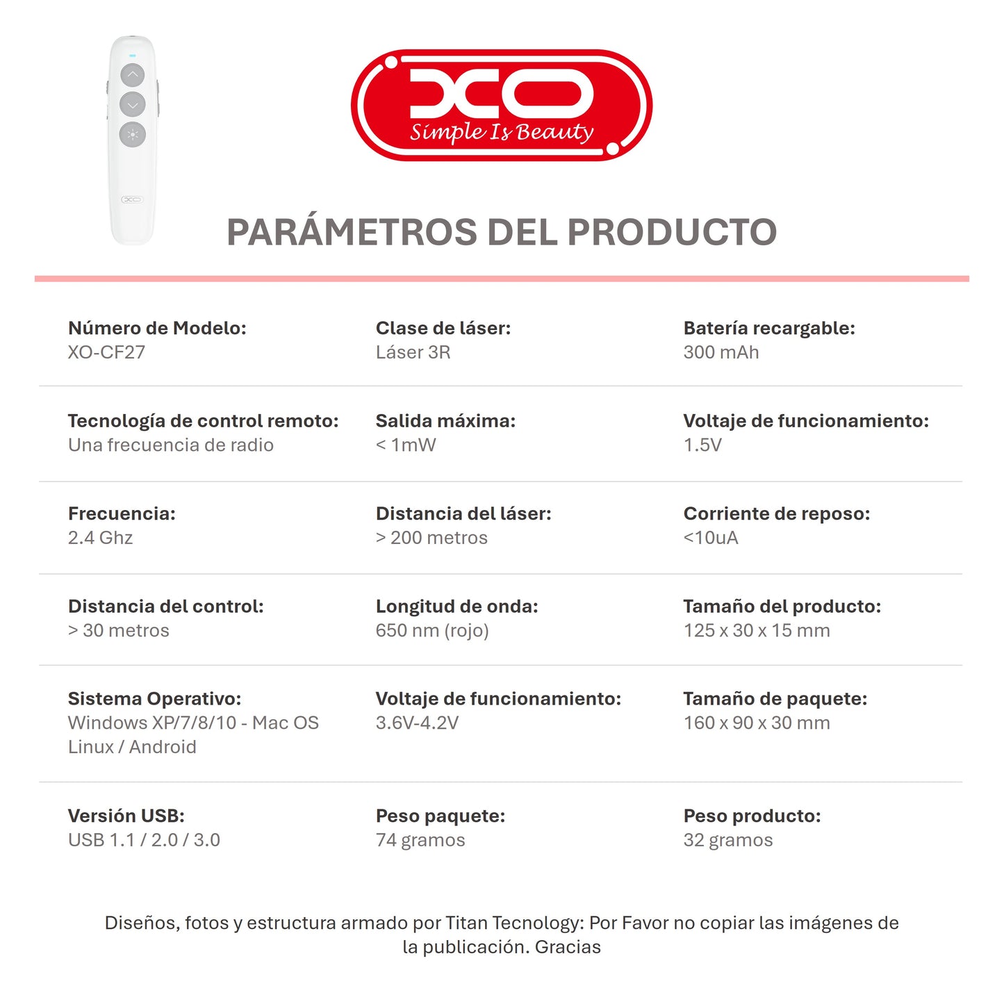 Presentador XO / Apuntador / Puntero Láser Inalámbrico USB