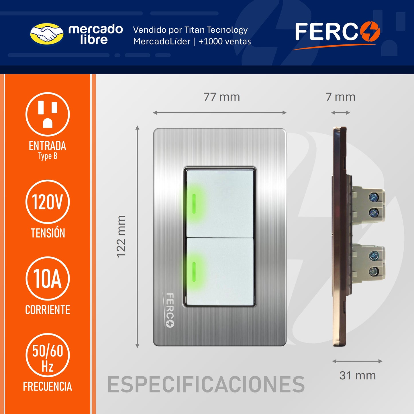 Interruptor / Apagador Doble Ferco Metálico Luminiscente