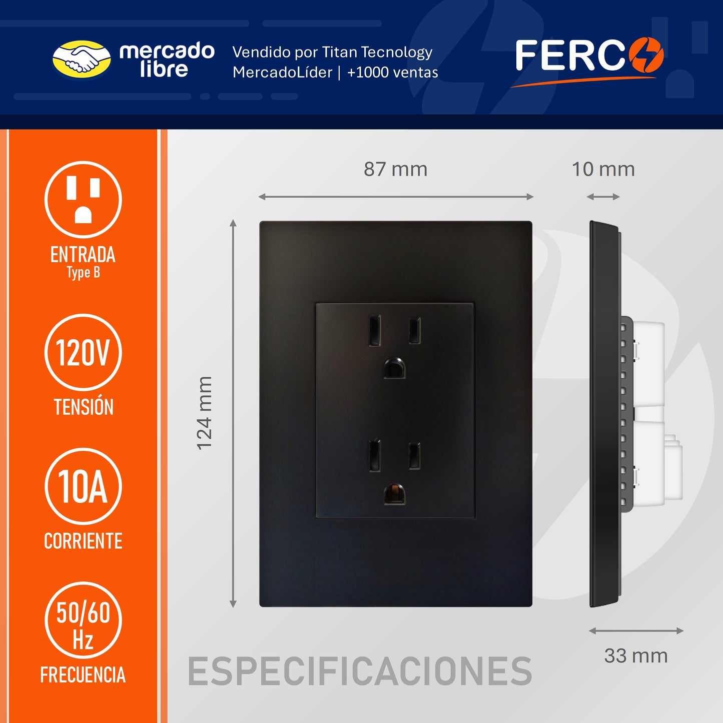 Toma Corriente Doble Ferco Polarizado Negro 120v / 15a
