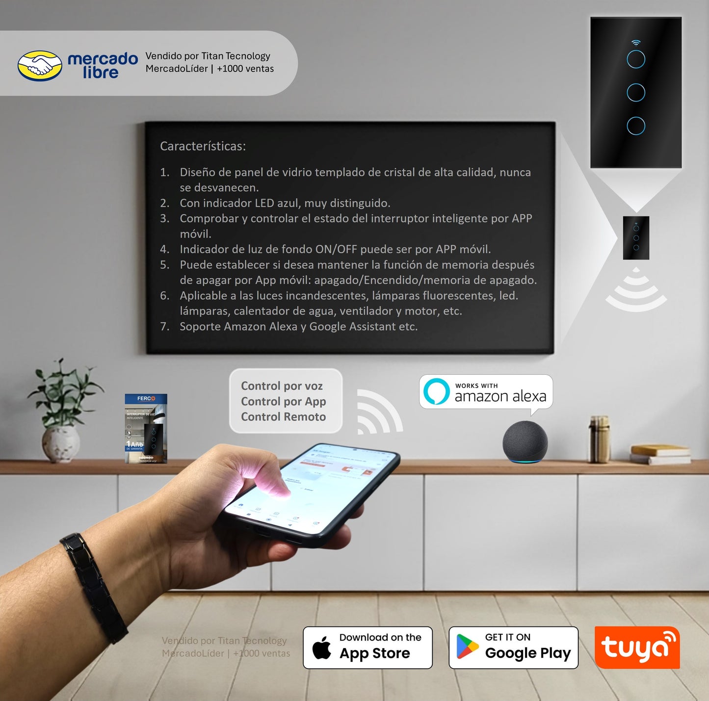 Interruptor Wi-fi Inteligente FERCO Táctil / Voz compatible con Alexa & Google