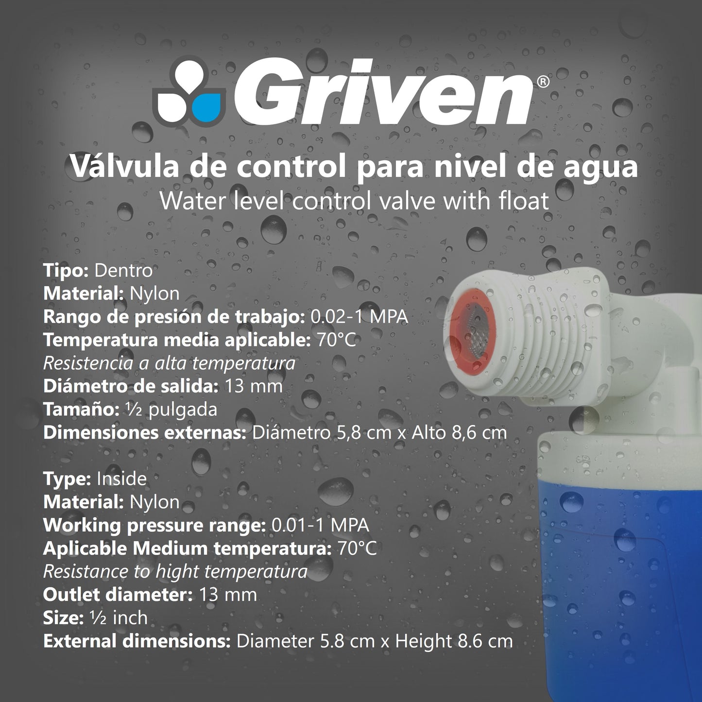 Flotante Mecánico Griven Válvula De Control Agua 1/2 13mm
