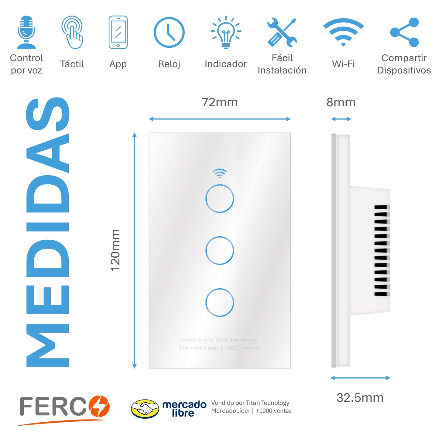 Interruptor Wi-fi Inteligente FERCO Táctil / Voz compatible con Alexa & Google