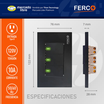 Interruptor / Apagador Ferco Triple Negro Luminiscente 120v