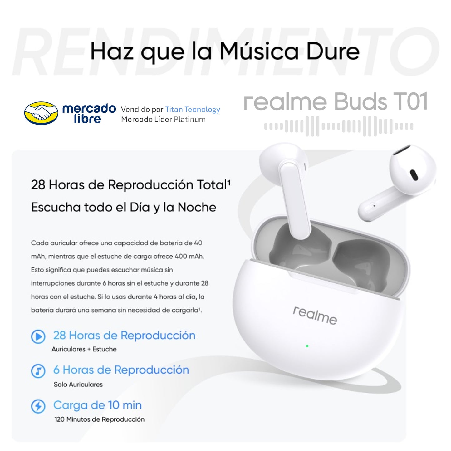 Audífono / Inalámbrico Realme Buds T01 Bluetooth 5.4 - IPX4