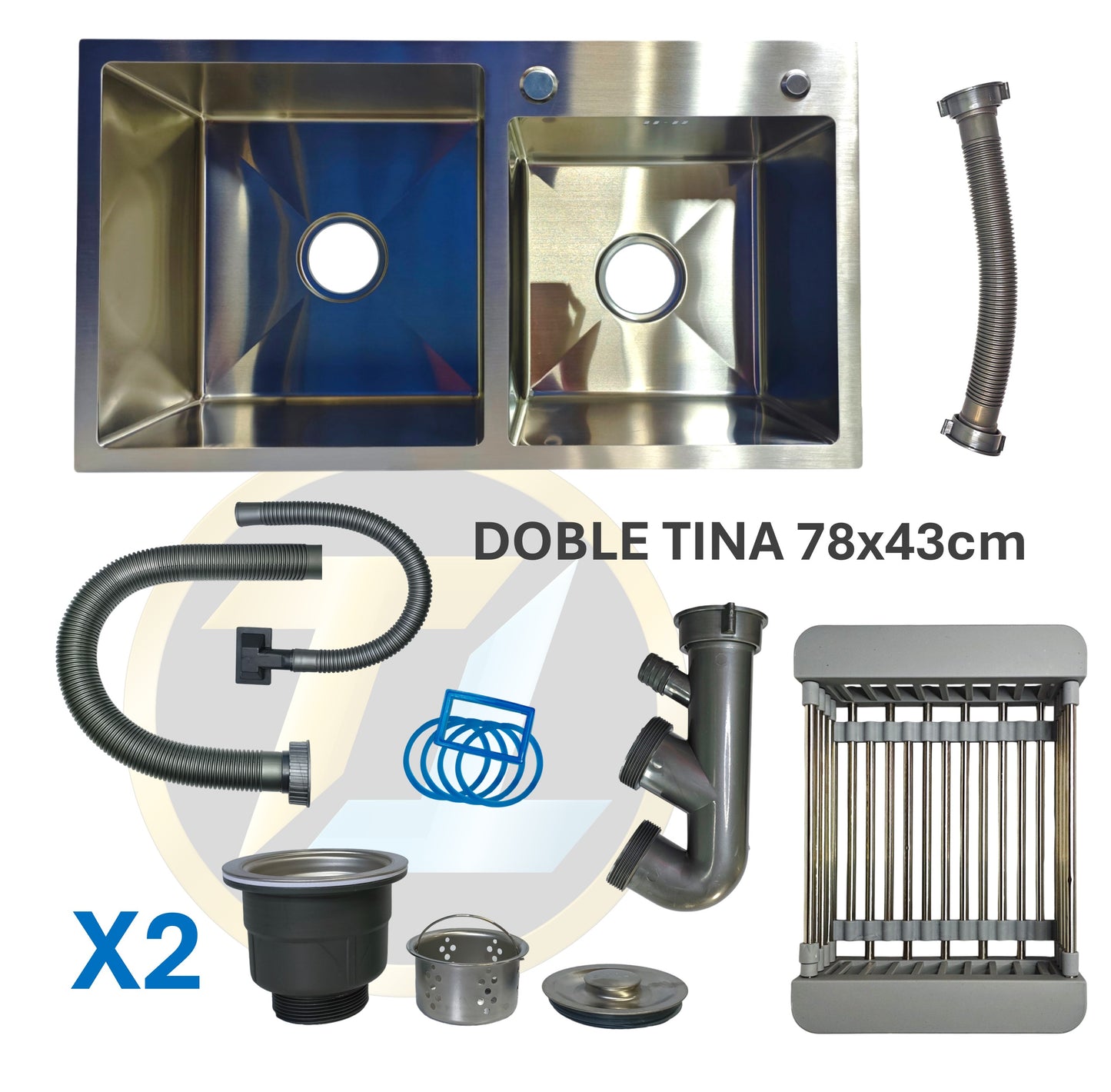 Fregadero / Lavaplatos Doble Tina Empotrable + Kit / 78x43cm