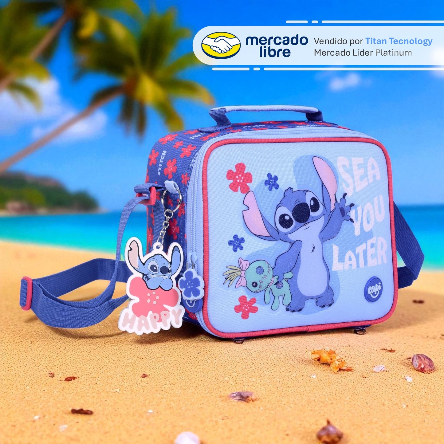 Combo Morral + Cartuchera + Lonchera Capi Kids Stitch Flower Disney (S)