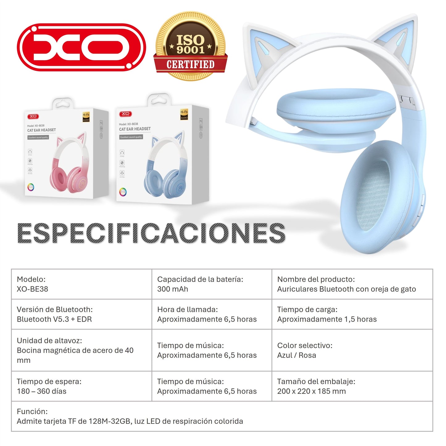 Audífonos LED Inalámbricos Oreja De Gato XO-BE38