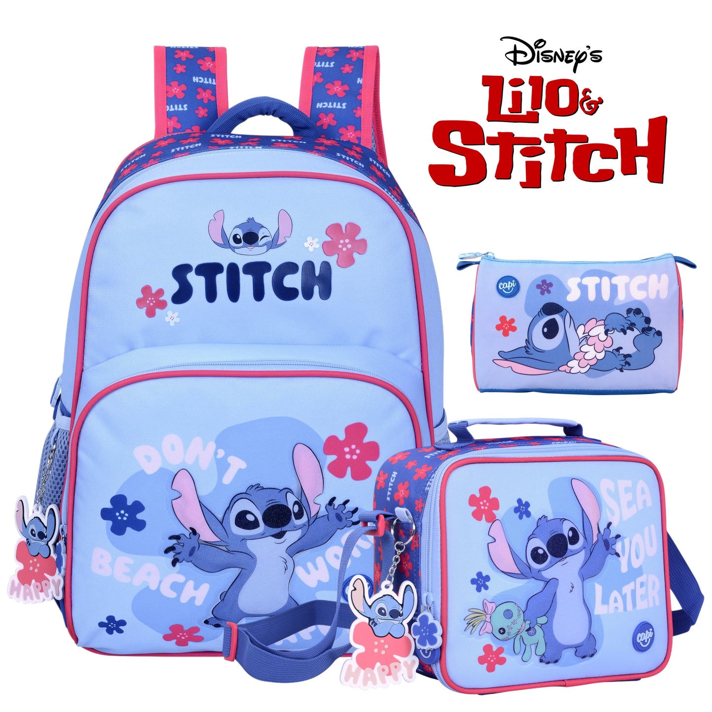 Combo Morral + Cartuchera + Lonchera Capi Kids Stitch Flower Disney (S)