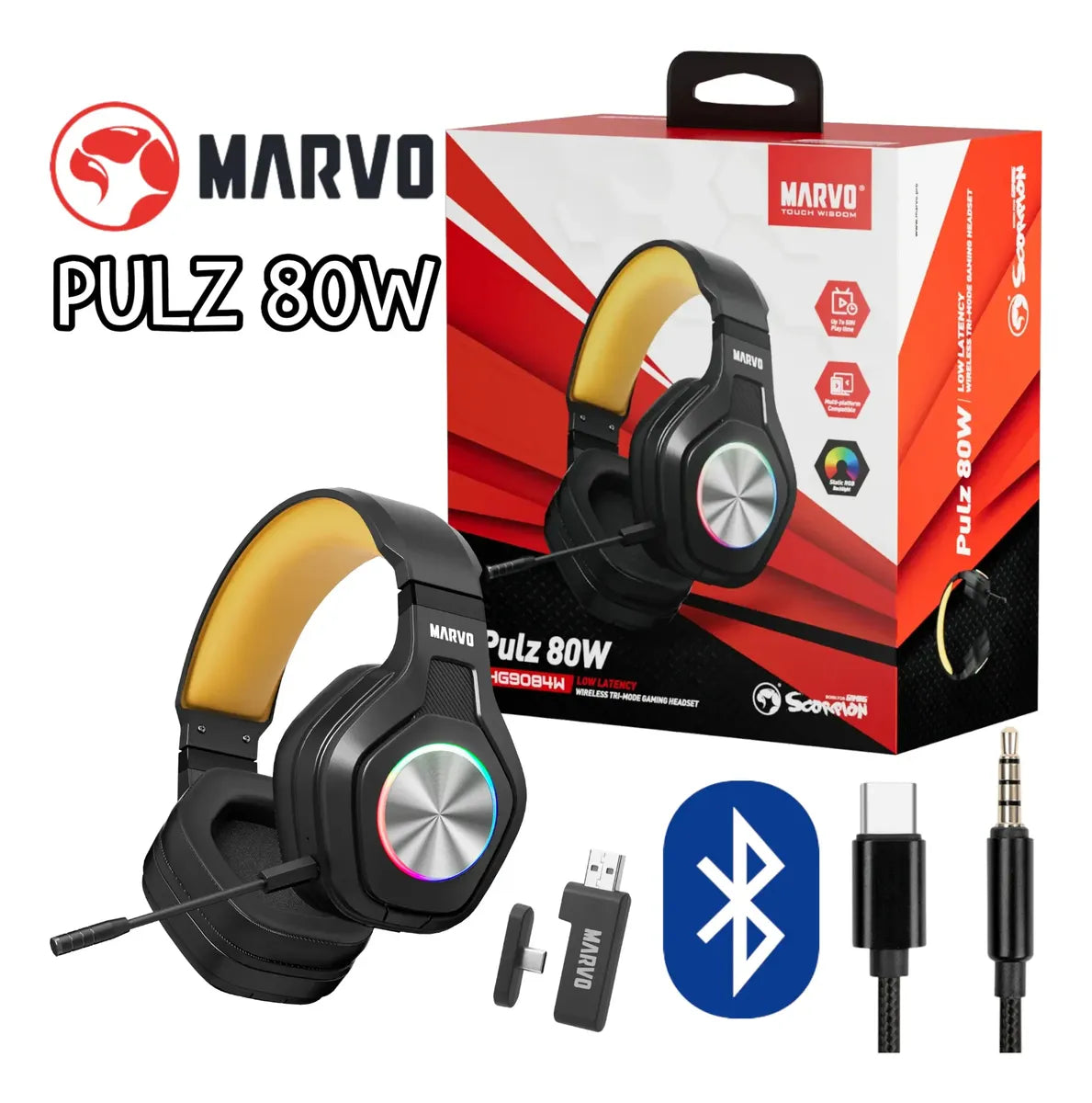 Audífono Marvo Pulz 80w Hg9084w Gaming Inalámbrico Rgb Tri Negro