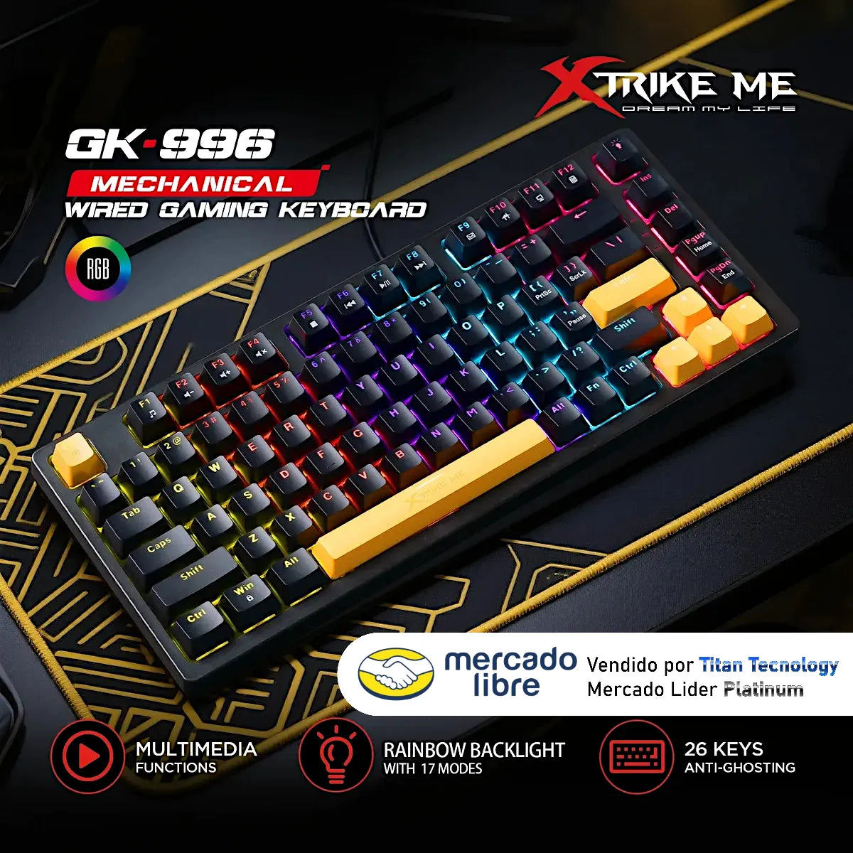 Teclado Mecánico Gaming Rgb Xtrike Me Gk-996 Swiche Rojo Negro