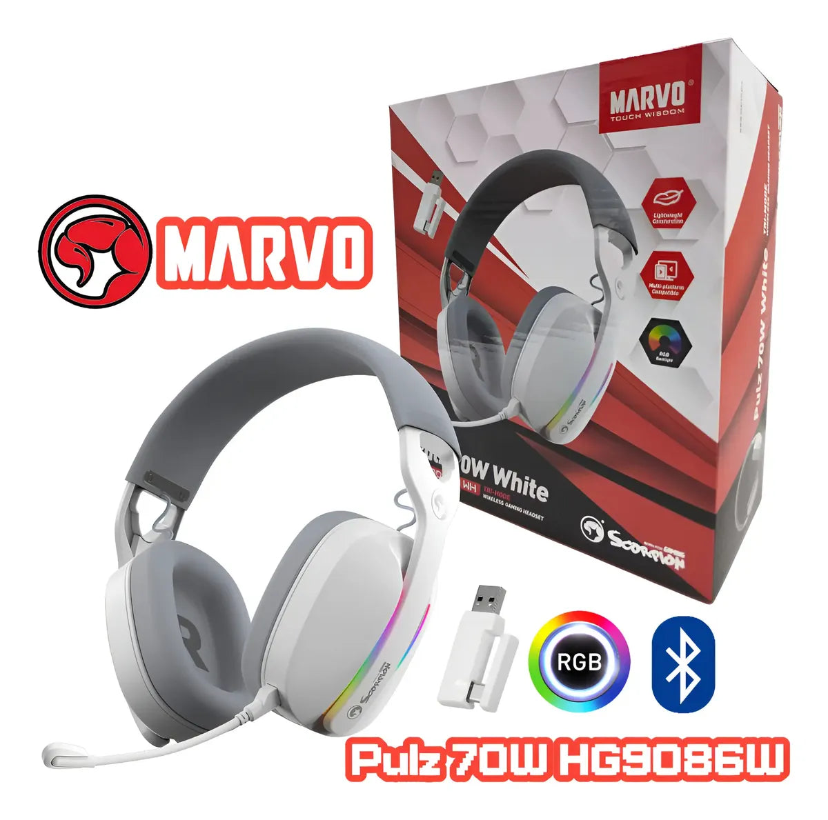Audífono Marvo Pulz 70w Hg9086w Gaming Inalámbrico Rgb Tri-Modo