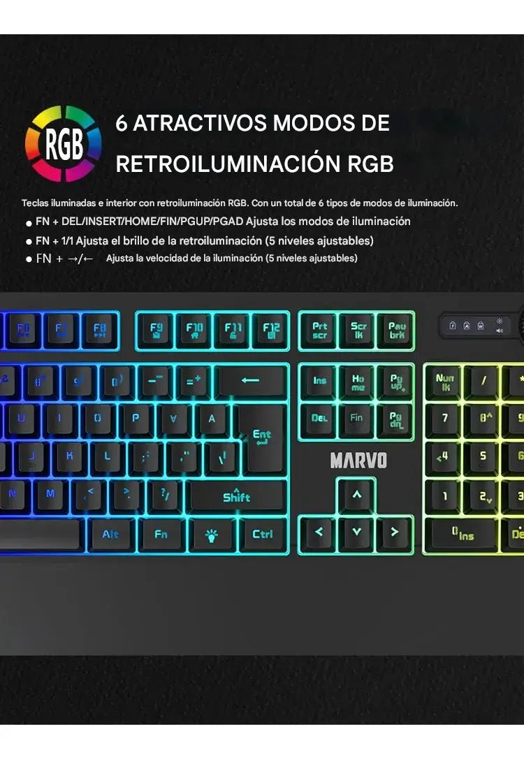 Teclado Marvo K660 Sp Gamer Usb Membrana Multimedia Rgb Negro Inglés Internacional