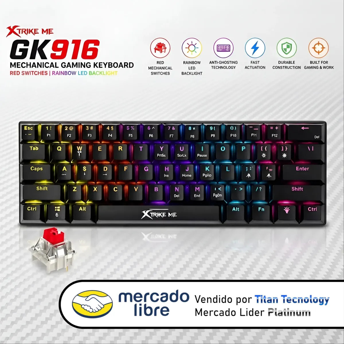 Teclado Mecánico Xtrike Me Gk-916 61 Teclas Swicht Rojo 60% Negro Inglés Internacional
