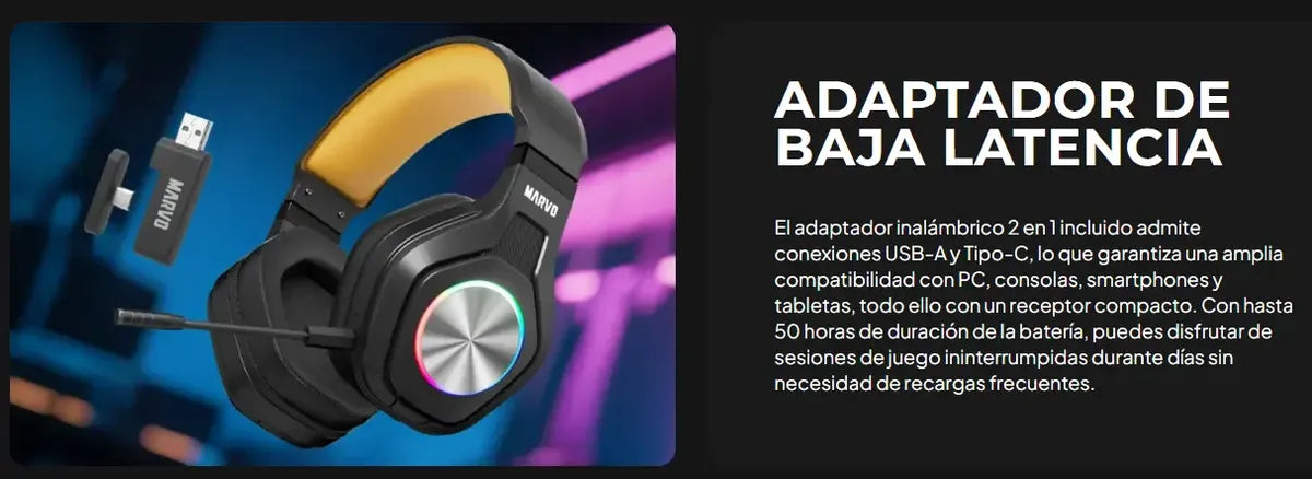 Audífono Marvo Pulz 80w Hg9084w Gaming Inalámbrico Rgb Tri Negro