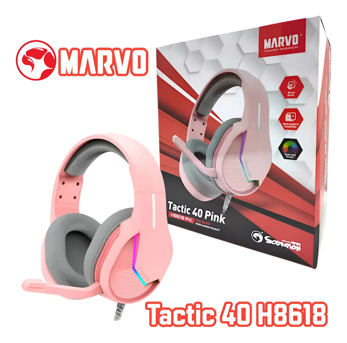 Audífono Marvo H8618 Bk Tactic 40 Rgb Estático Usb Scorpion