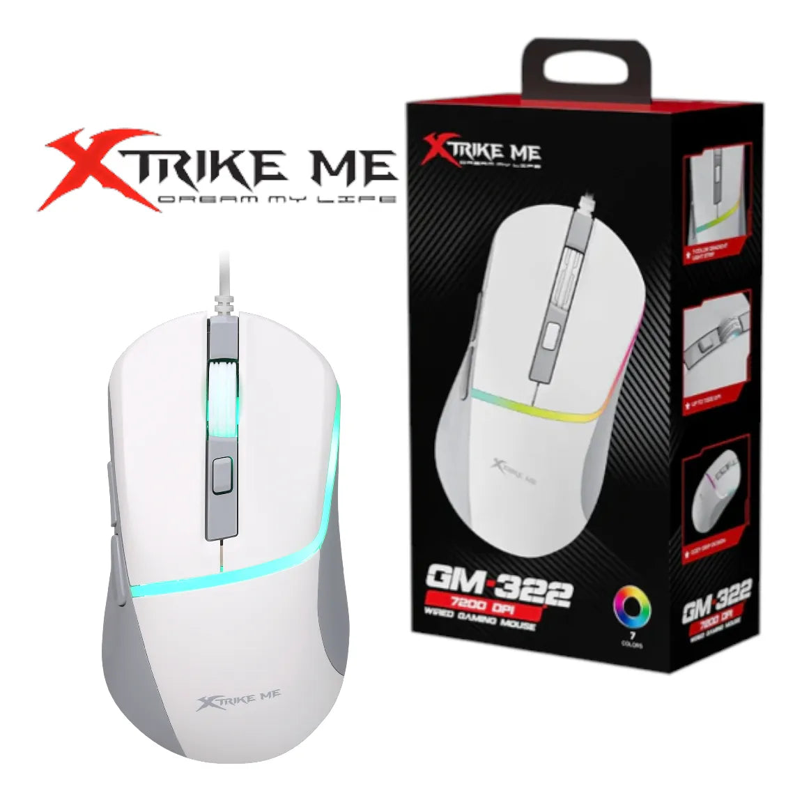 Mouse Gamer Xtrike Me Gm-322 Alámbrico 7200 Dpi Rgb Led Blaco