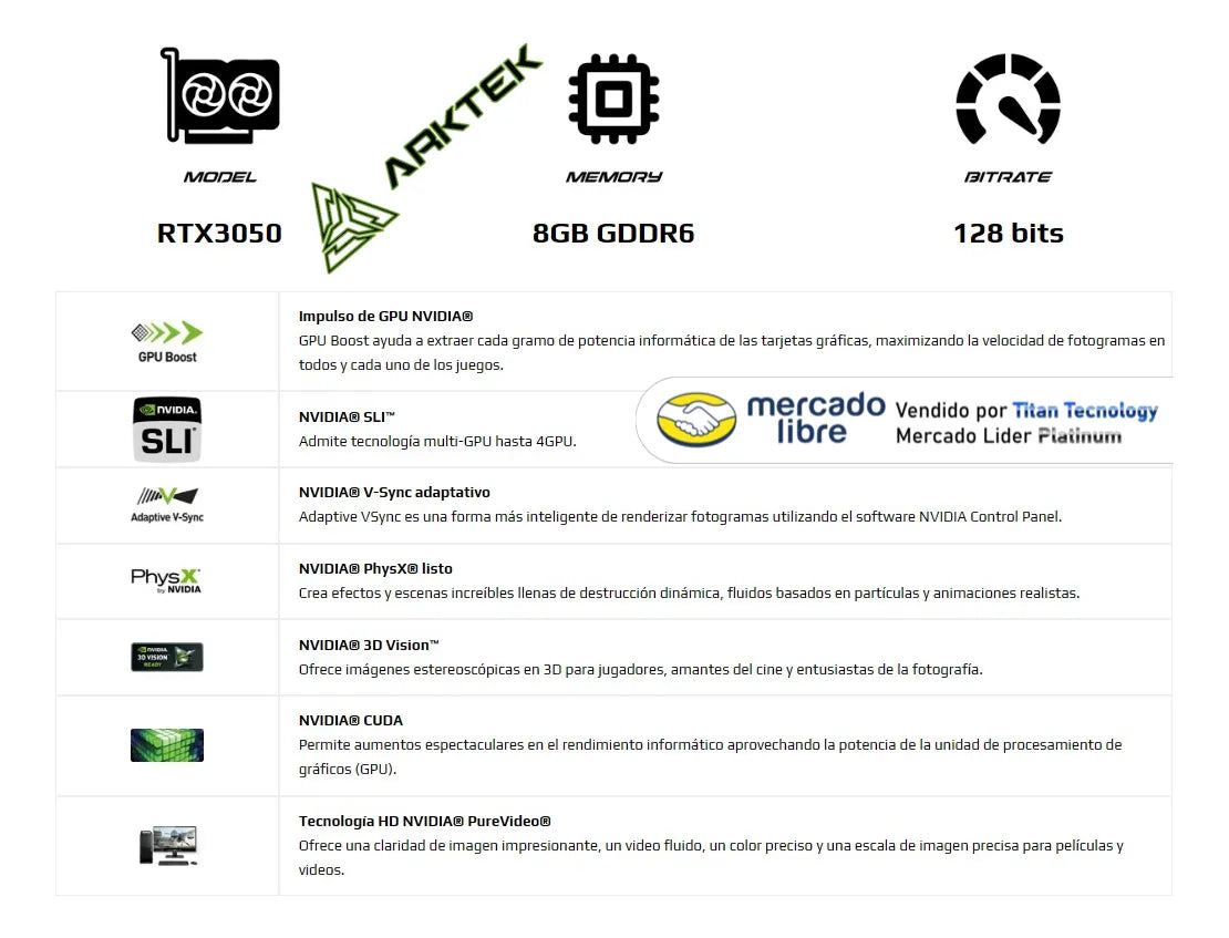 Tarjeta Gráfica Arktek Nvidia Geforce Rtx 3050 8gb Gddr6