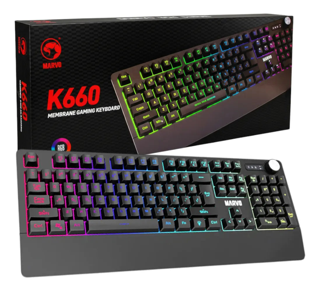 Teclado Marvo K660 Sp Gamer Usb Membrana Multimedia Rgb Negro Inglés Internacional