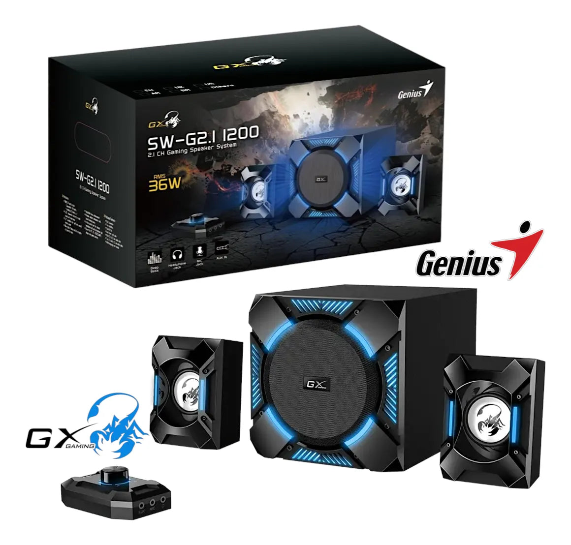 Corneta Pc Genius Sw-g2.1 1200 Gx Gaming 36w Rms Subwoofer Negro