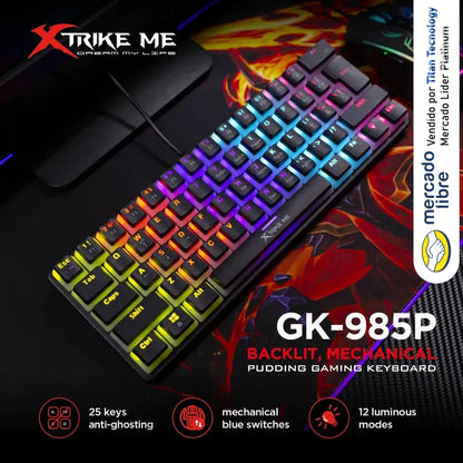 Teclado Mecánico Xtrikeme Gk-985p 61 Teclas Swicht Rojo 60% Negro