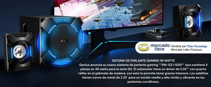 Corneta Pc Genius Sw-g2.1 1200 Gx Gaming 36w Rms Subwoofer Negro