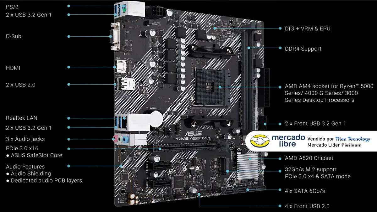 Placa Madre Tarjeta Madre Asus Prime A520m-k M Atx Amd Ryzen Negro