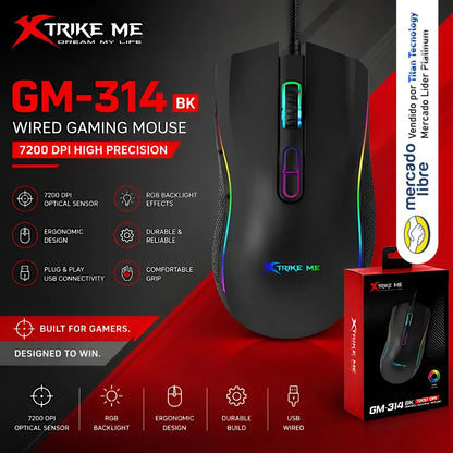 Mouse Xtrike Me Gm-314 7200 Dpi Rgb Gamer Negro